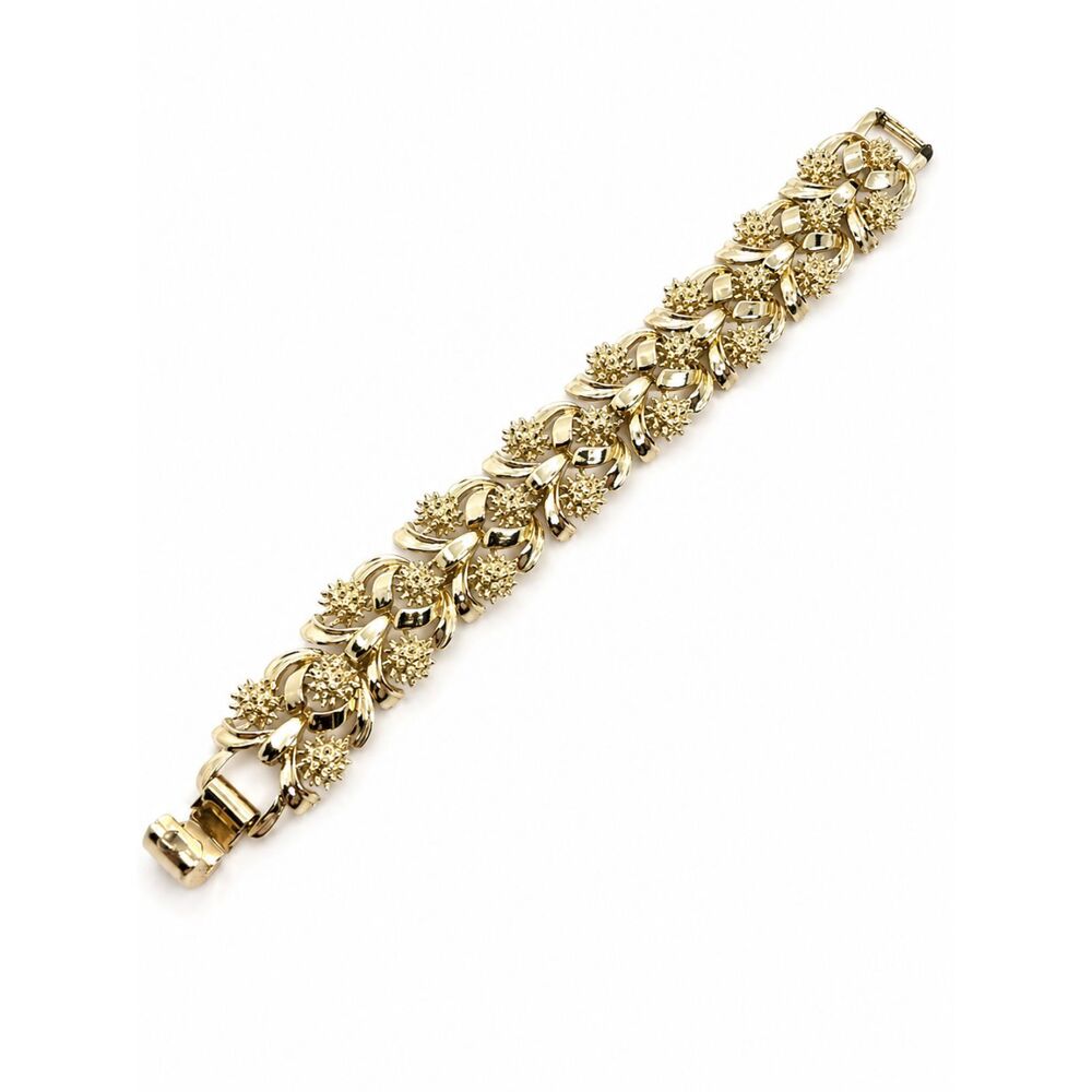 VINTAGE FLORAL BRACELET Gold Tone Ribbon Link Wide Mid Century Statement